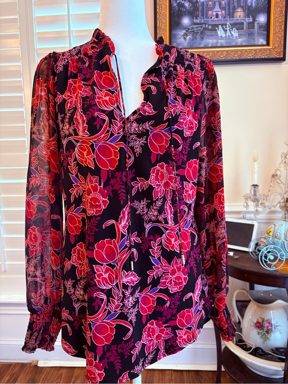 White House Black Market Black Floral Long-Sleeve Blouse